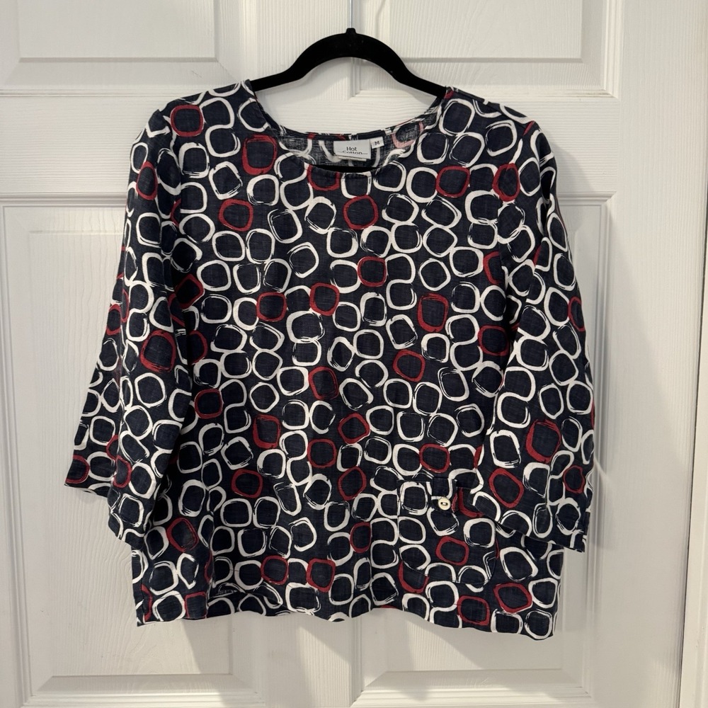 Hot Cotton Women's Top Sz M Linen Boxy Lagenlook Luxury Artsy Nautical Navy Blue
